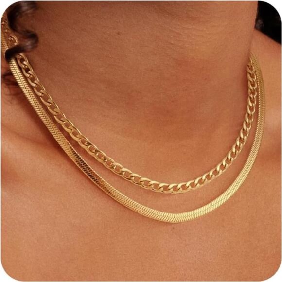 Layered Gold Necklaces for Women - 18K Gold Plated Herringbone Paperclip Chain